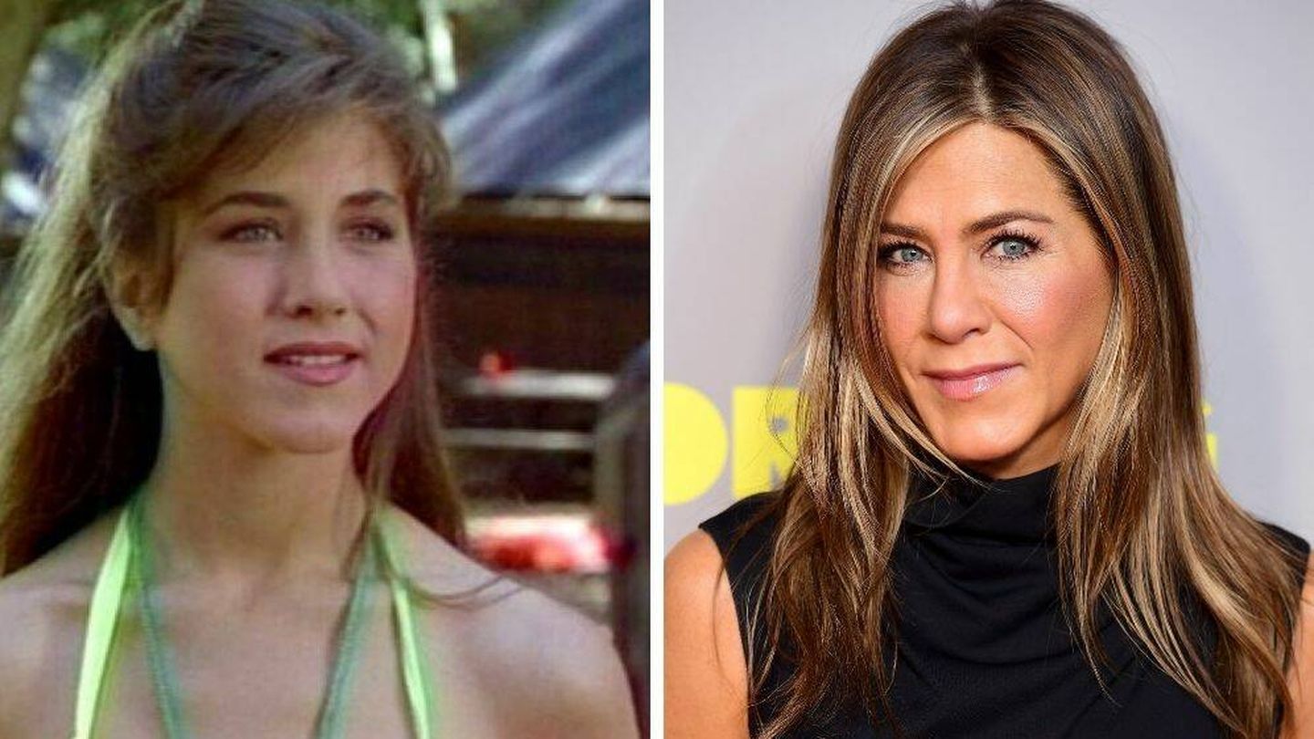Jennifer Aniston, antes y después de la rinoplastia. (Fotograma de 'Campamento Cucamonga' /Getty)