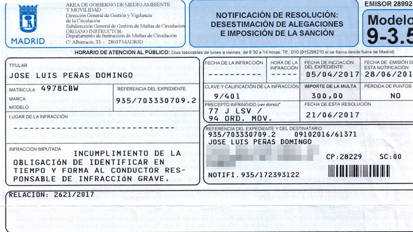 Una de las últimas multas de 300 euros que le han llegado a José Luis Peñas.