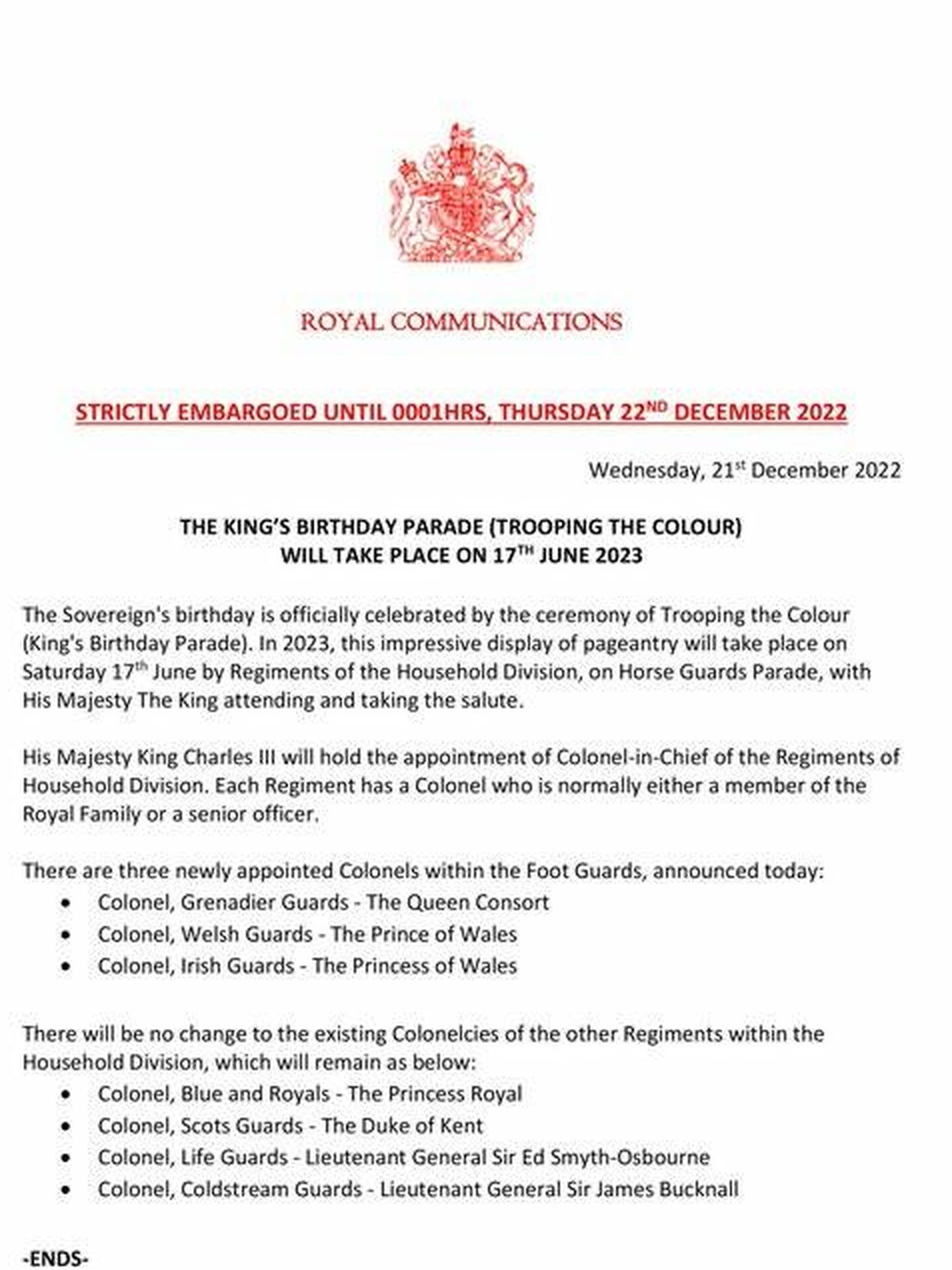 El comunicado oficial de Buckingham. (Casa Real británica)