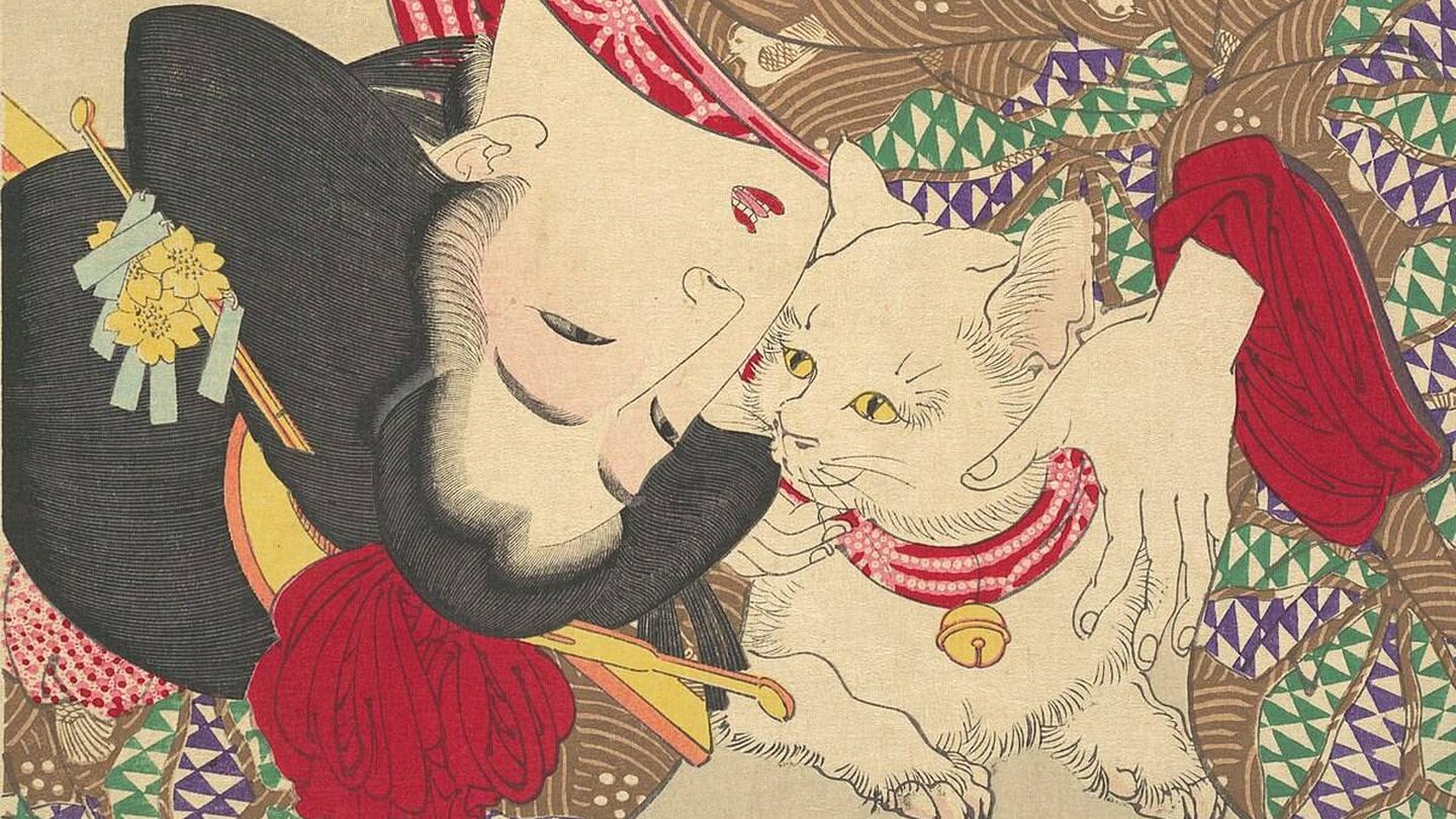 Grabado en madera de una mujer japonesa y un gato, elaborado en 1888. (Wikimedia)
