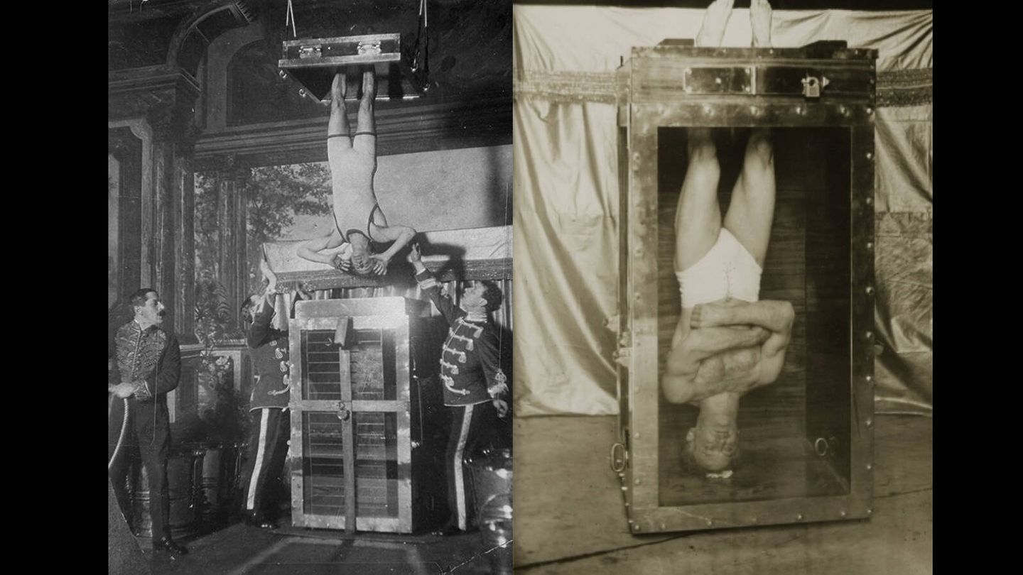 Houdini performando una escena de tortura con agua. Fuente: Wikimedia.
