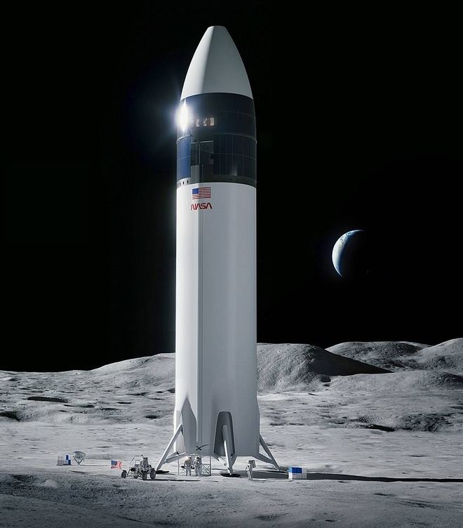 La variante de aterrizaje lunar del Starship que se usará en las misiones Artemis de la NASA. (SpaceX)