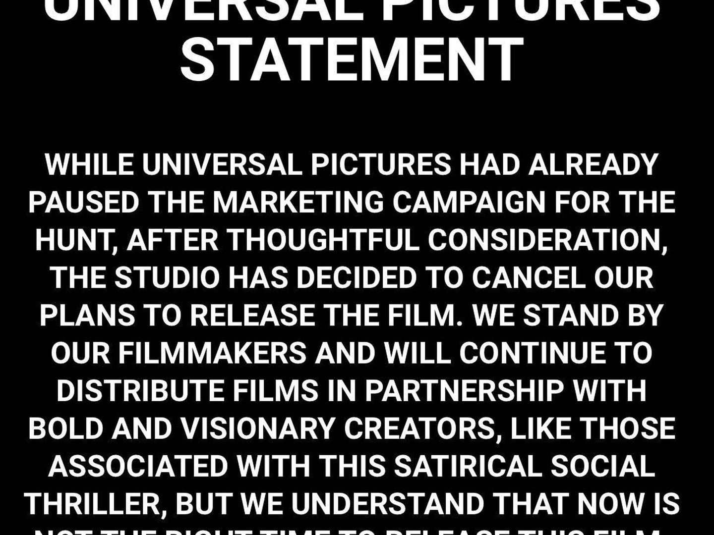 Comunicado de Universal Studios que anuncia la cancelación.