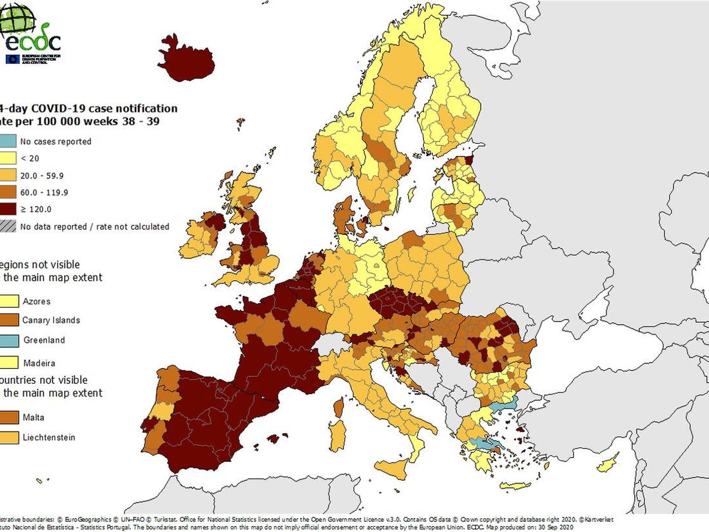 Mapa de incidencia de nuevos contagios por regiones en Europa. (ECDC)