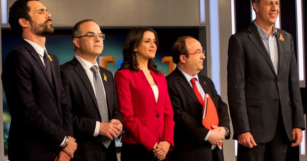 Foto: Los candidatos a la Generalitat de ERC, Roger Torrent (i); JxCAT, Jordi Turull (2-i); Ciudadanos, Inés Arrimadas (c); PSC, Miquel Iceta (2-d), y PPC, Xavier García Albiol (d).
