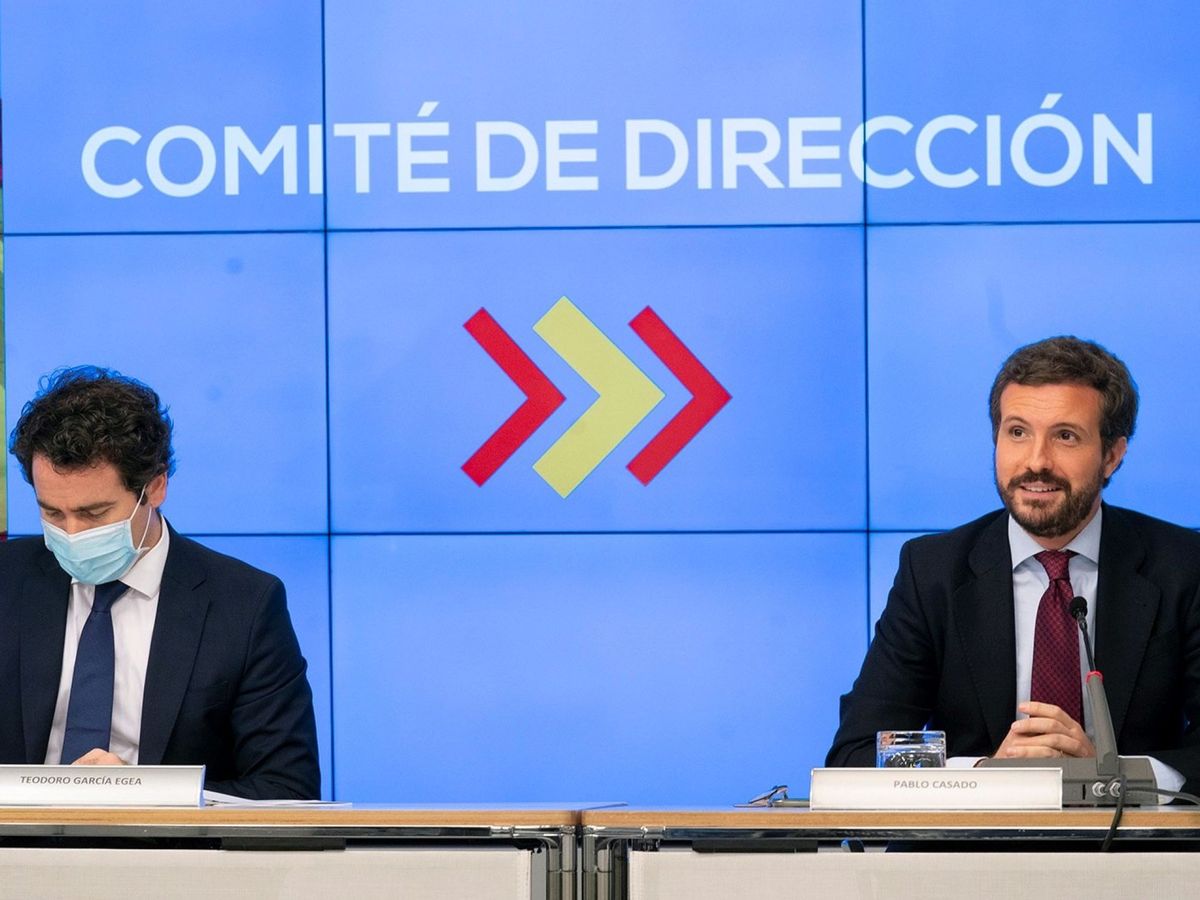 Foto: El presidente del PP, Pablo Casado (d), y el secretario general del partido, Teodoro García Egea (i). (EFE David Mudarra)
