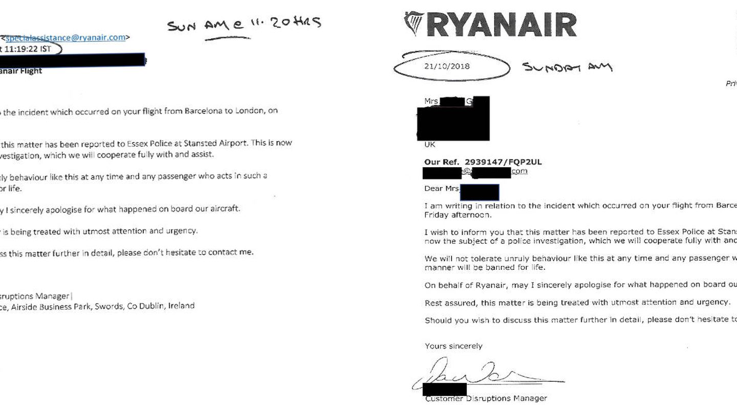 Las dos cartas que Ryanair envió a la mujer agredida: por email y correo postal