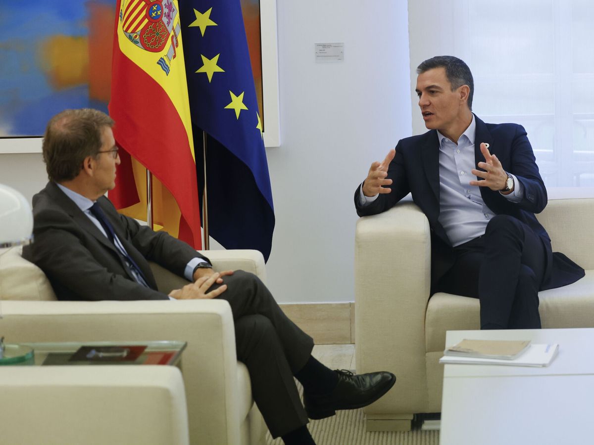 Foto: El presidente del Gobierno, Pedro Sánchez (d), y el líder del PP, Alberto Núñez Feijóo. (EFE/Sergio Pérez)