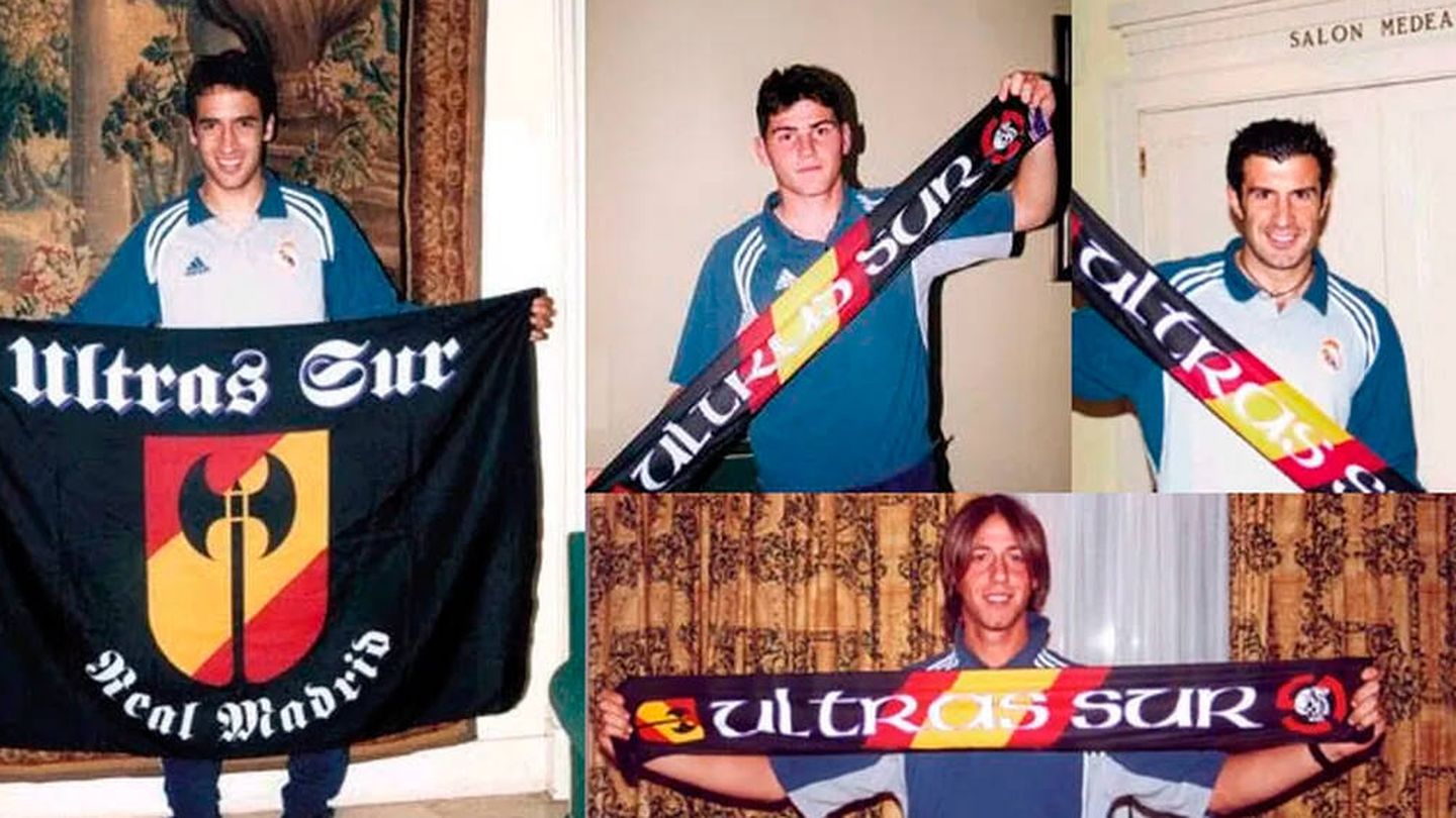Varios jugadores del Real Madrid posan con bufandas y banderas de Ultras Sur. (Ultras Sur)