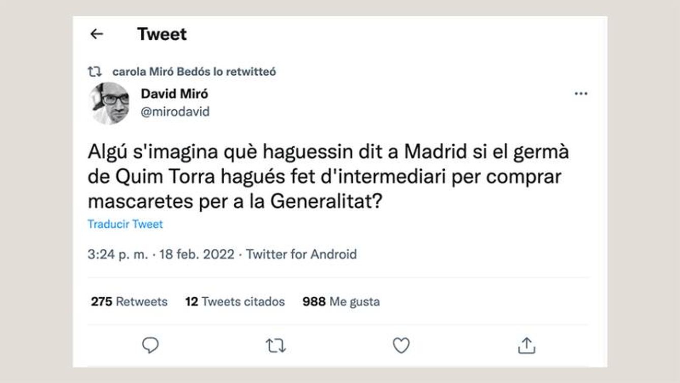 Tuit de David Miró retuiteado por Carola Miró.