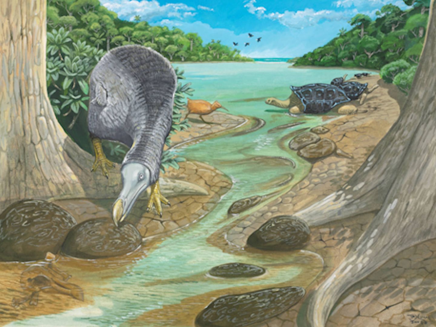 Ilustración contemporánea de los dodos en su hábitat natural (Julian Hume)