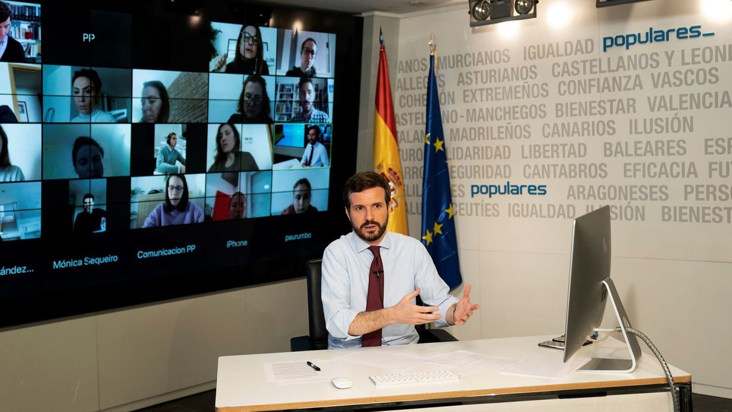 El líder del PP, Pablo Casado, en una rueda de prensa telemática. (EFE)