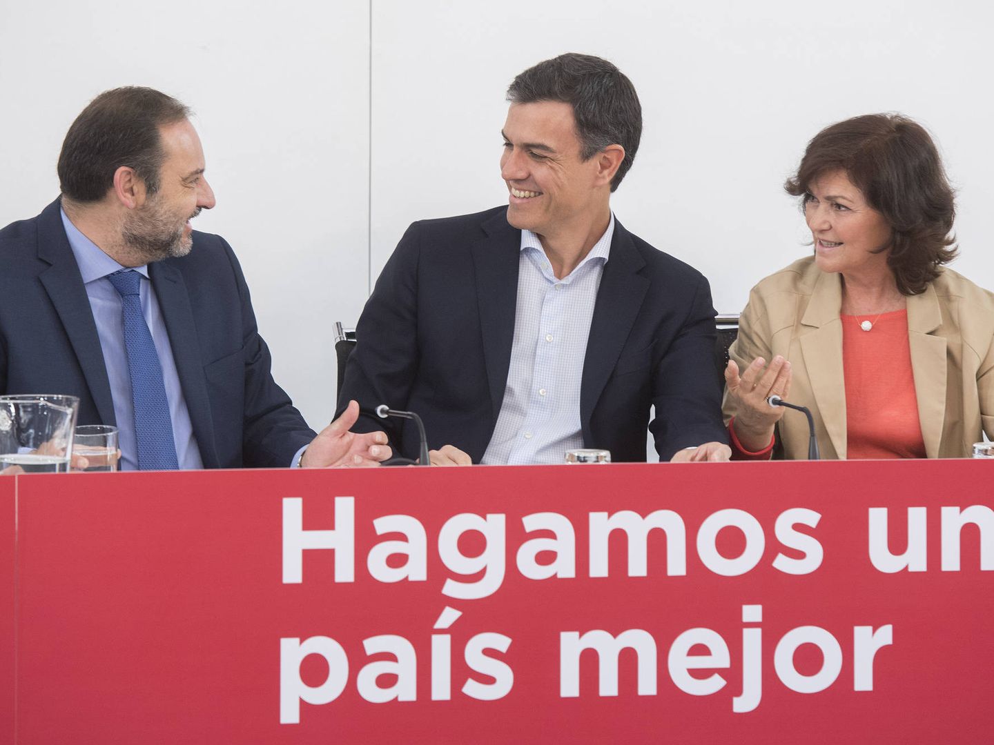 Sánchez, Ábalos y Calvo en la reunión del plenario de la ejecutiva federal del PSOE. (PSOE)