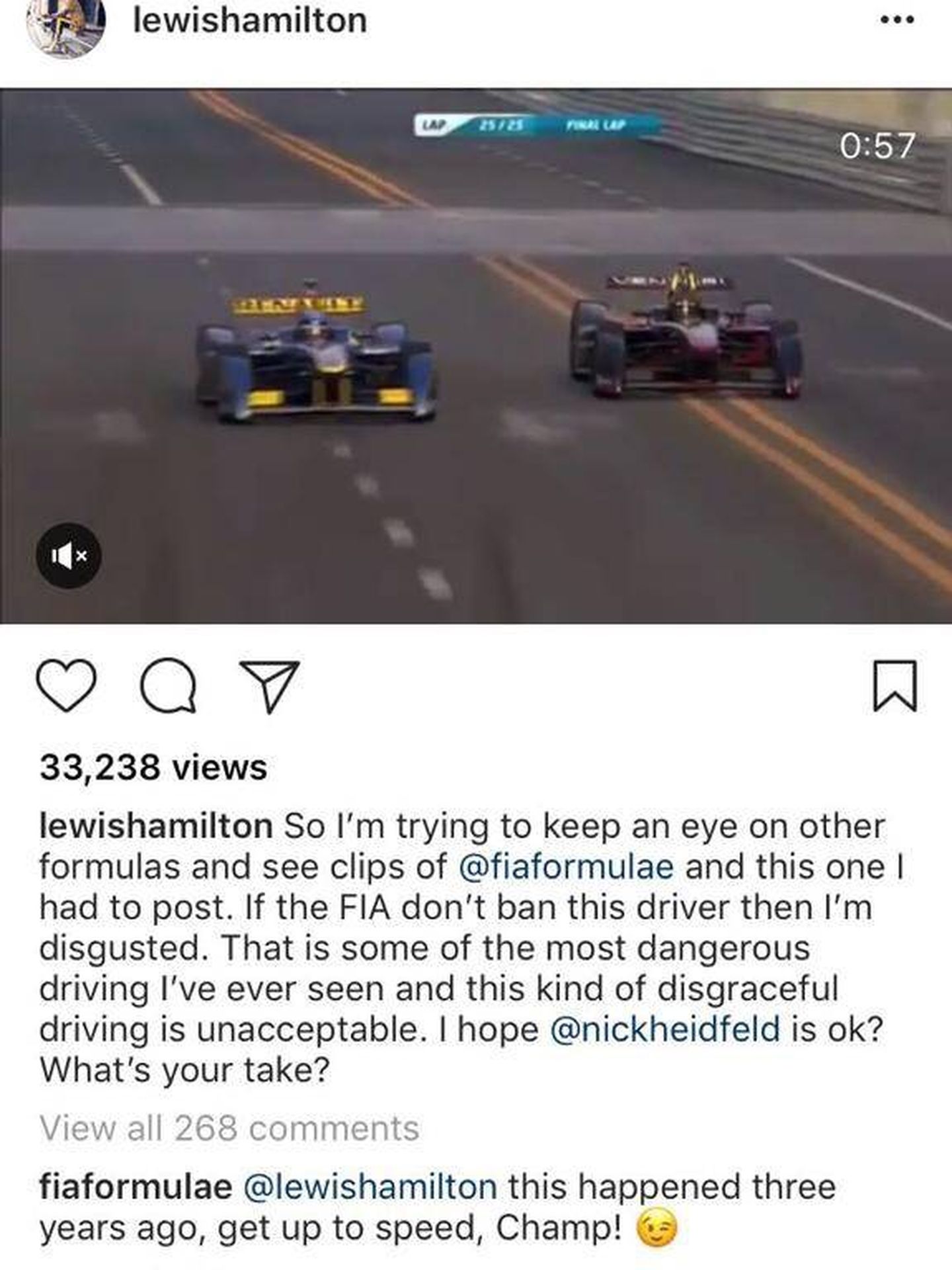 El mensaje de Hamilton en Instagram que borró.