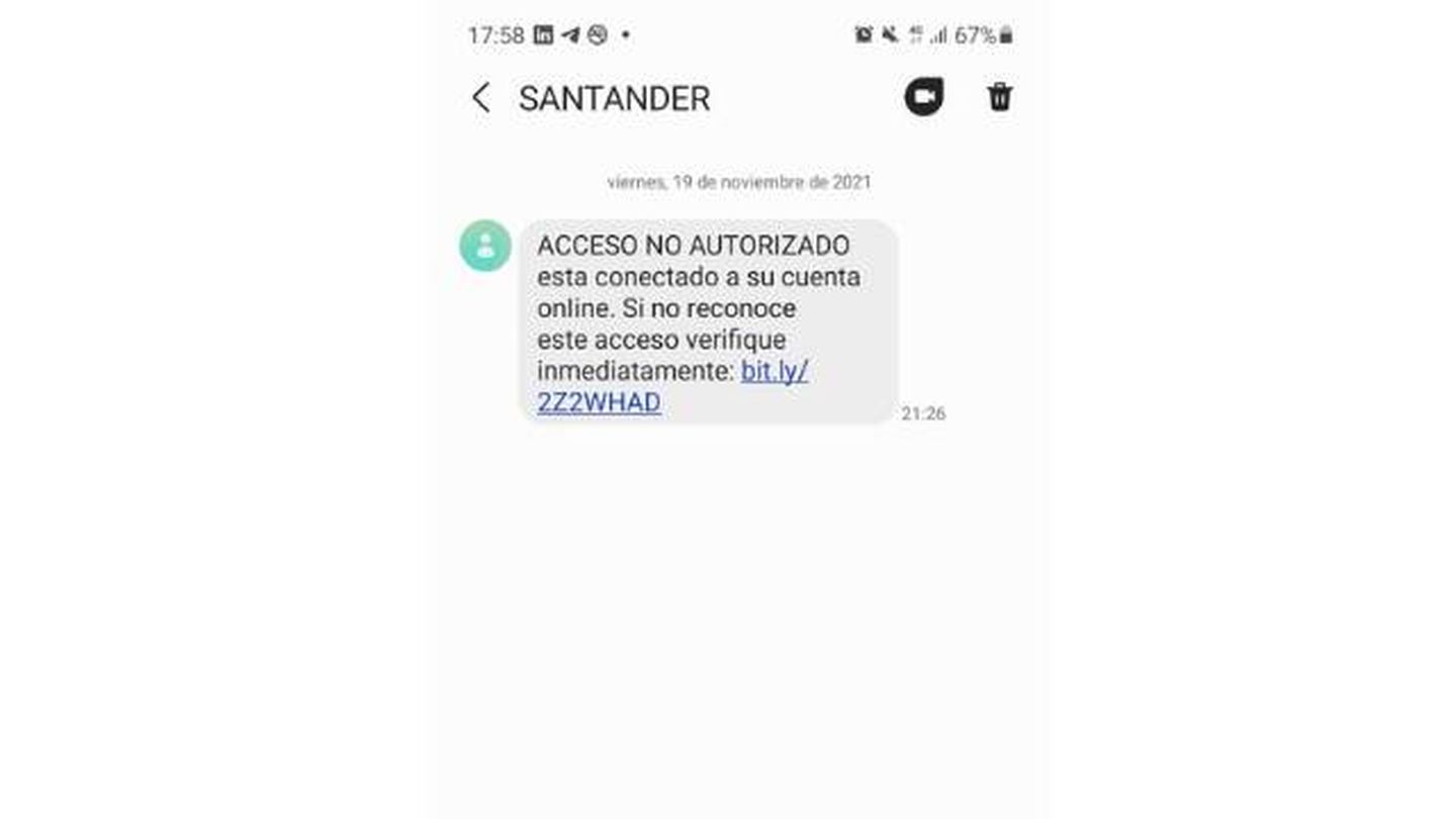 Captura de pantalla del SMS falso del Santander (EC)