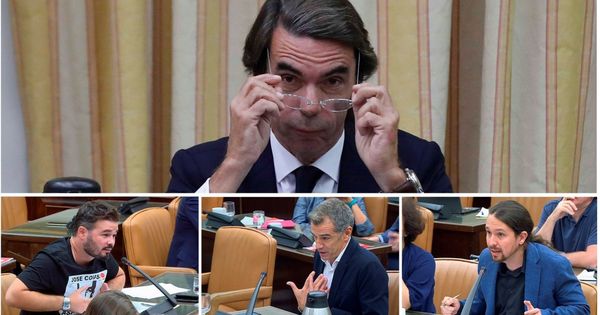 Foto: El expresidente del Gobierno José María Aznar (arriba) comparece ante la comisión del Congreso de los Diputados que investiga la supuesta financiación ilegal del PP. (EFE)