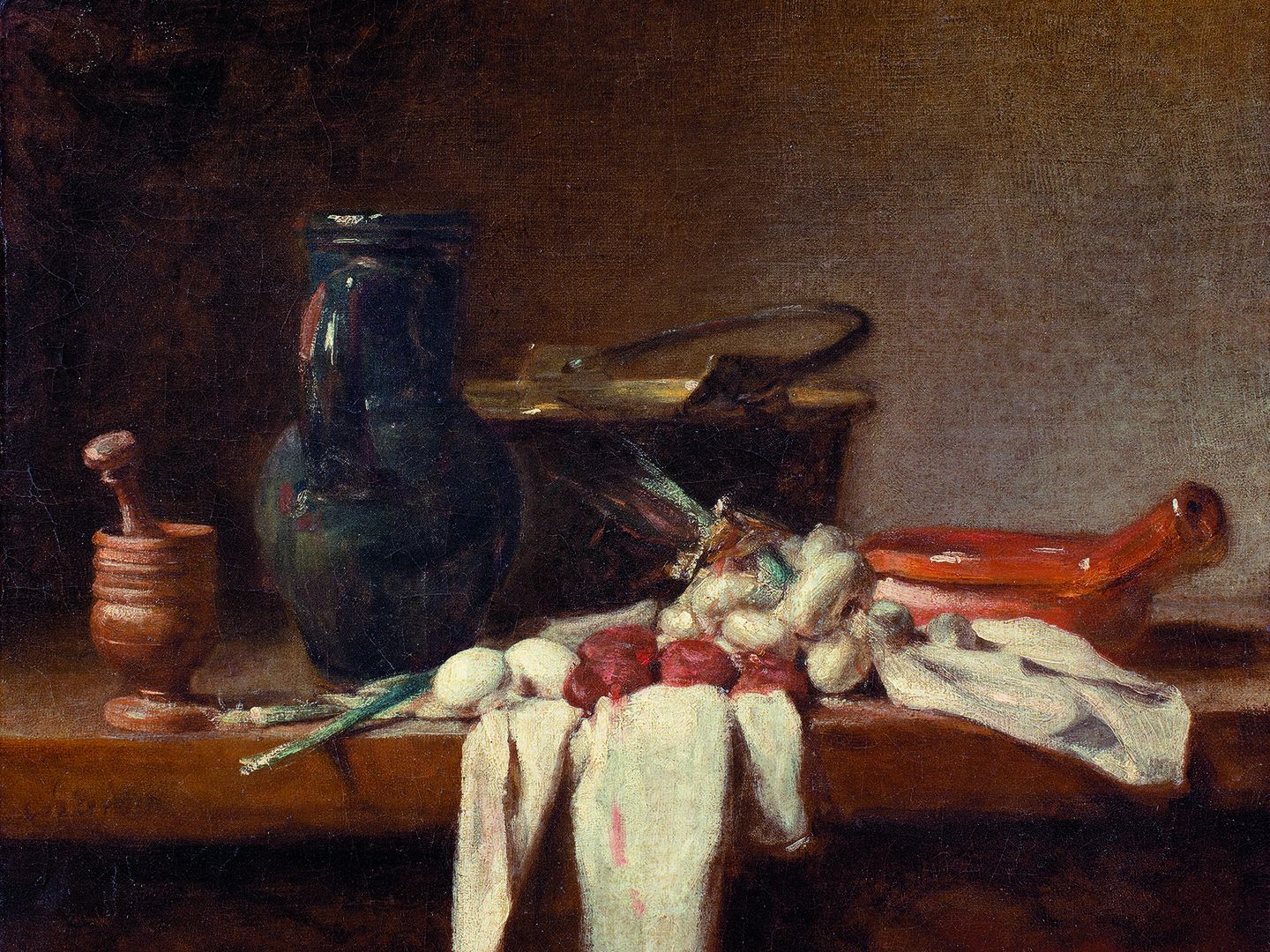 Bodegón con almirez, cántaro y caldero de cobre. (Jean-Baptiste-Siméon Chardin, 1728-32)