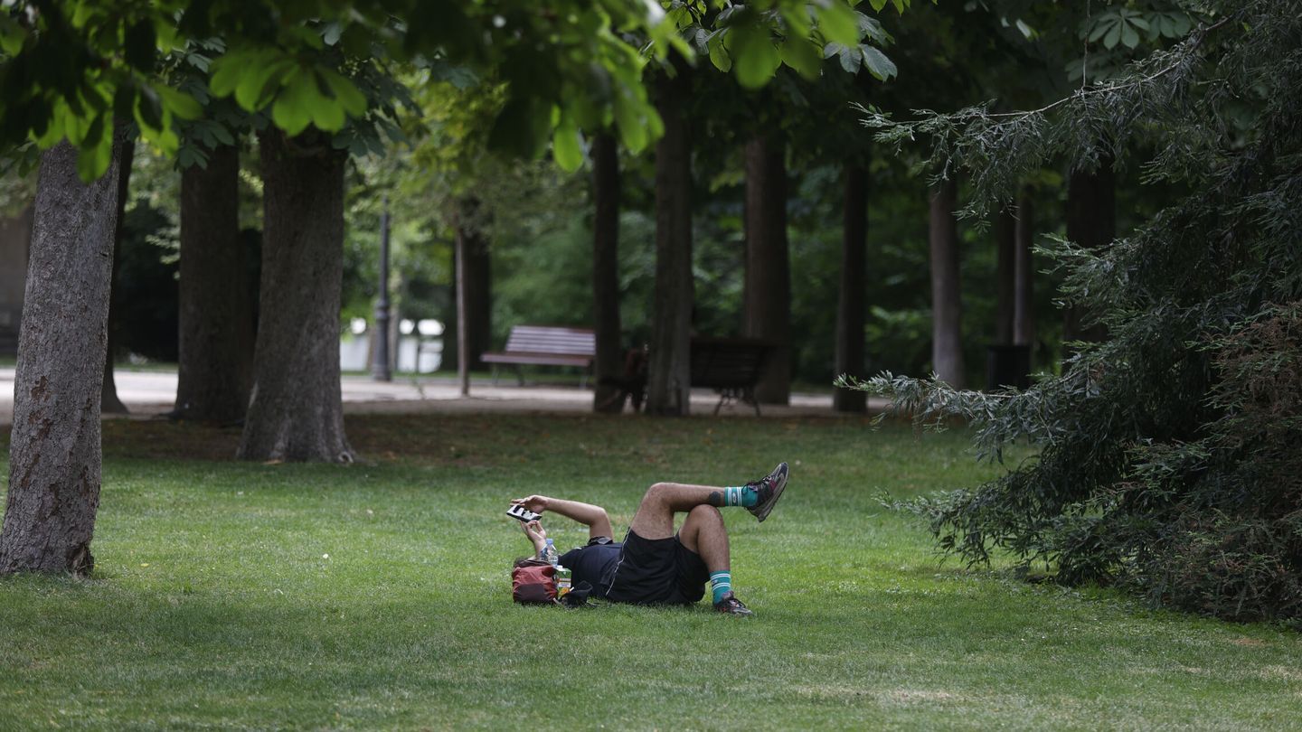 Un hombre descansa tumbado sobre la hierba del Retiro. (EFE/Juan Carlos Hidalgo)