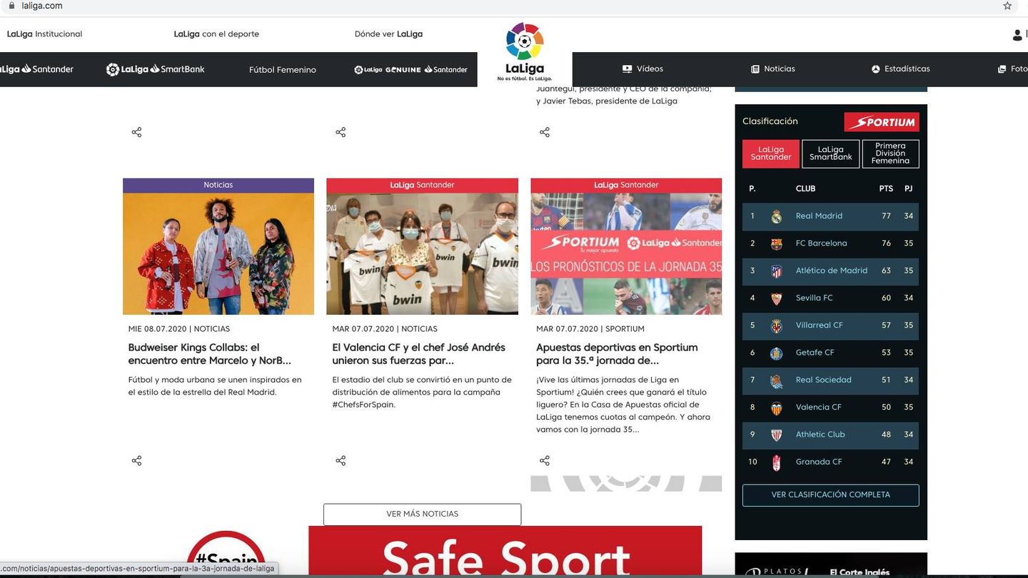 Página web de La Liga de Fútbol Profesional, con publicidad de casas de apuestas.