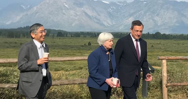 Foto: Los gobernadores del Banco de Japón, la Reserva Federal y el BCE en Jackson Hole. (Reuters)