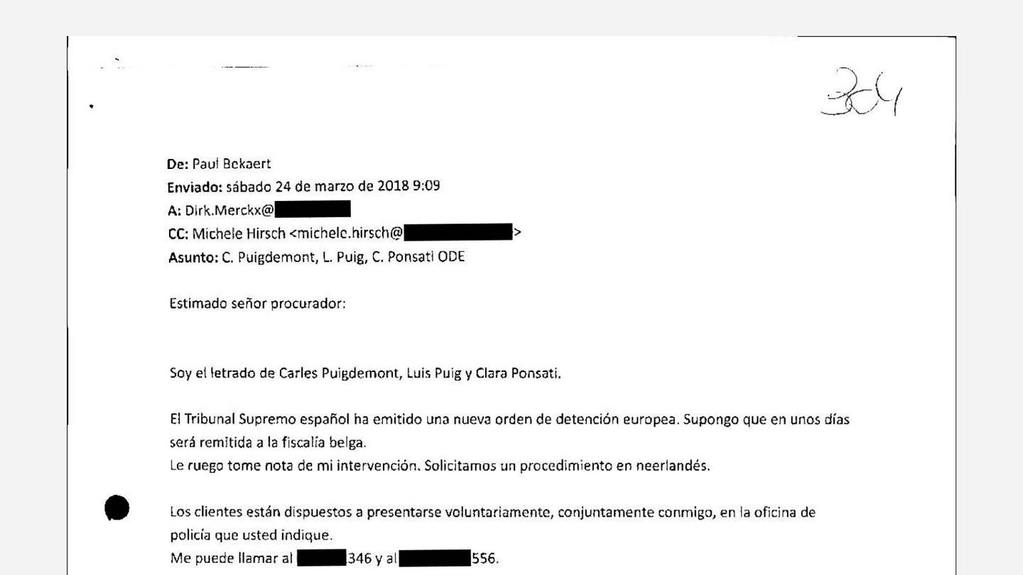 El documento remitido por el abogado de Puigdemont al fiscal belga.