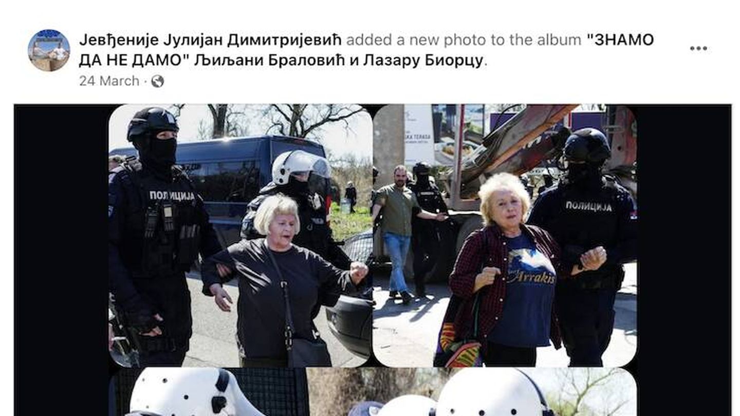 Activistas medioambientales que protestaban contra la deforestación son arrastradas por la policía antidisturbios en Novi Sad, Serbia, el 24 de marzo de 2023. Estas imágenes de mujeres coaccionadas por agentes de policía se están haciendo virales en 