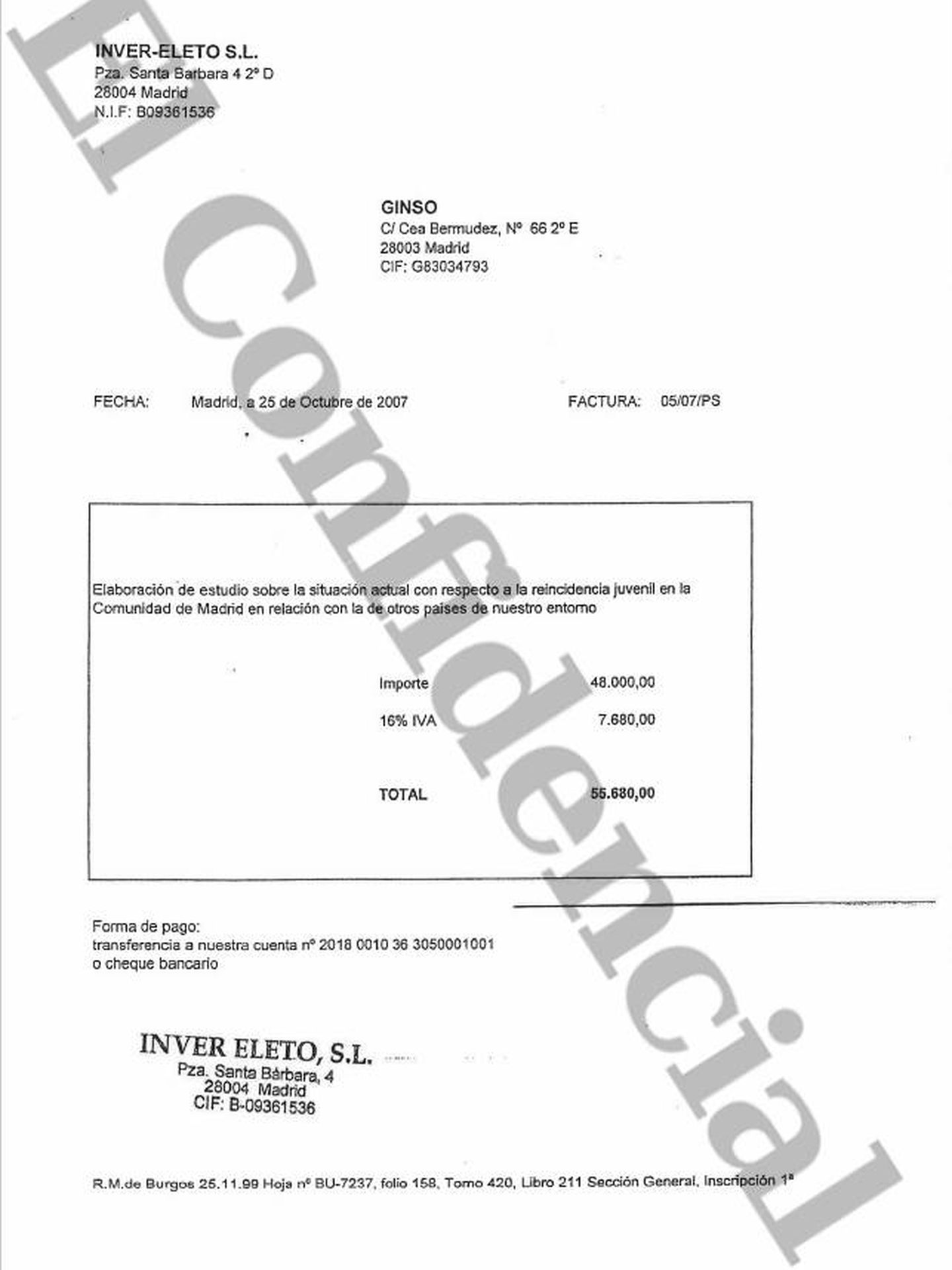 Documentos de pago de la sociedad Inver-Eleto, administrada por el expresidente de Telemadrid (2004-2006).
