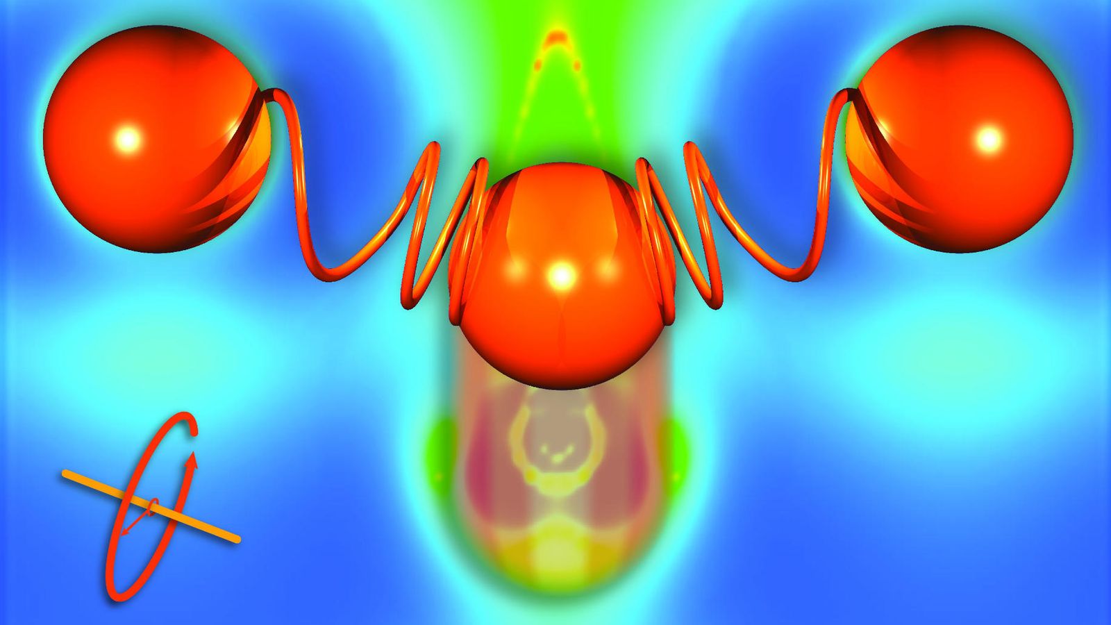Foto: Abajo, un fonón impacta con el átomo central de un material sólido