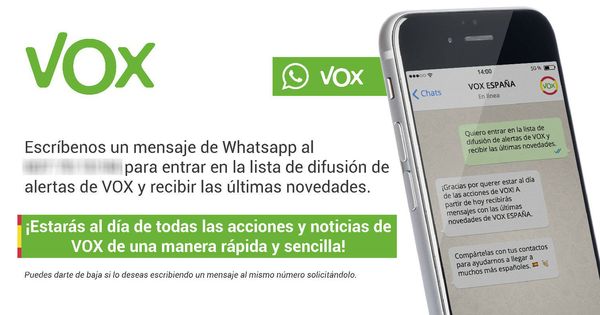 Foto: Imagen de promoción de la lista de difusión de Vox en WhatsApp.