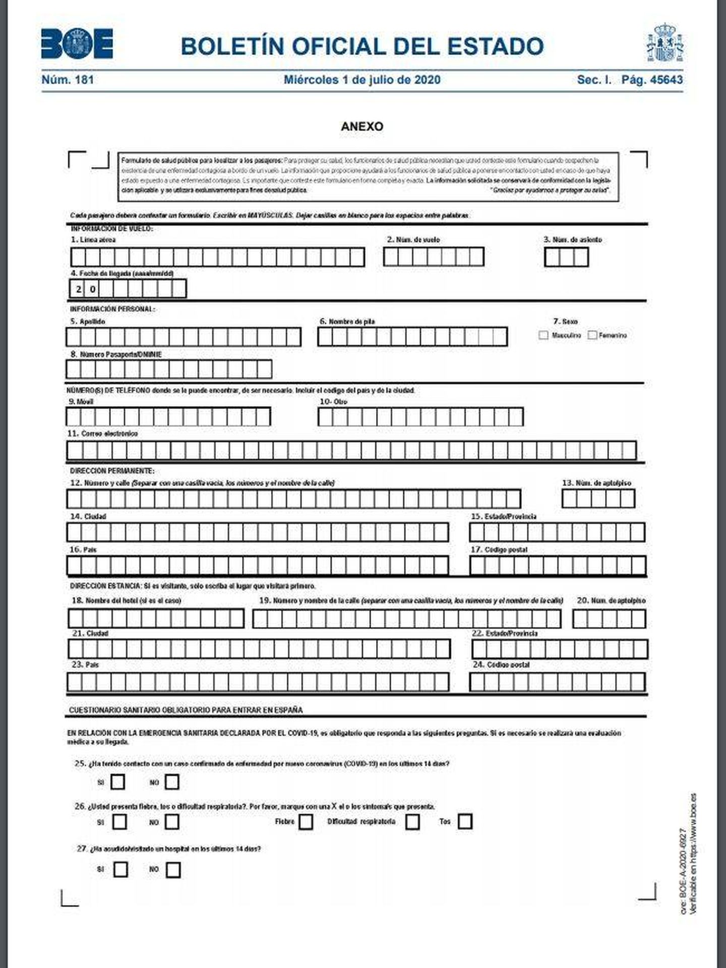 El formulario que se deberá cumplimentar (página 5 y 6 del BOE)