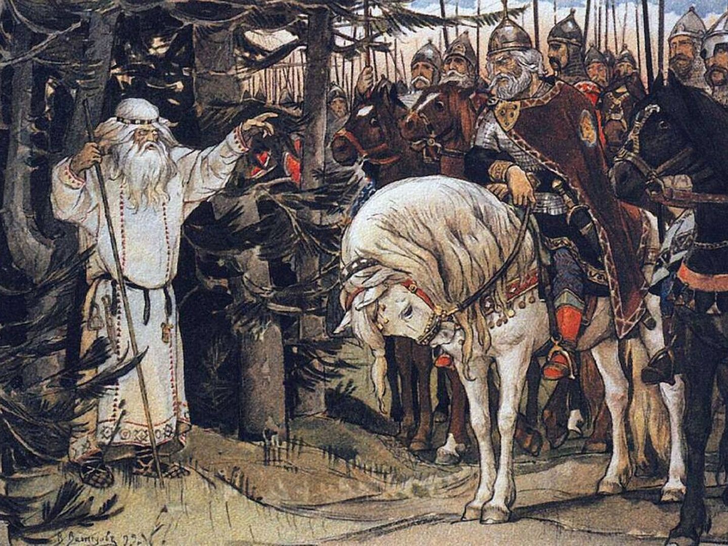 Oleg con su 'volkhv', figura clave en el intento de conquista de Constantinopla. El caballo tiene tanto protagonismo como cualquier otro en esta historia. (Pintura de Viktor Vasnetsov)