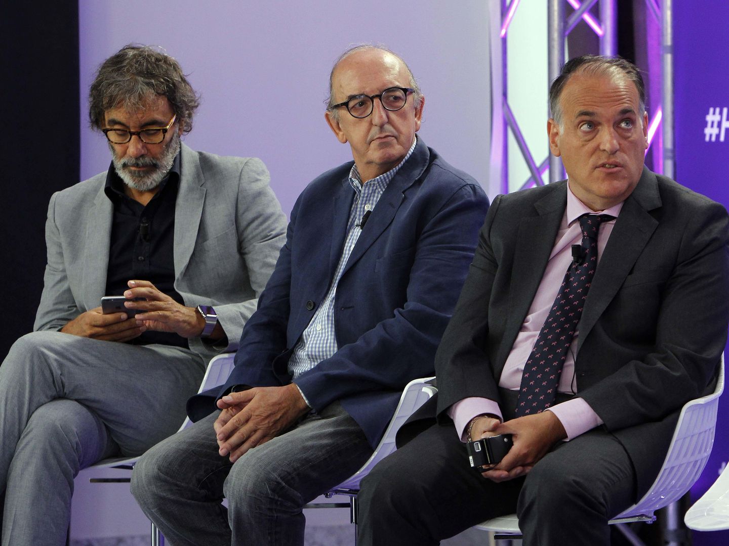 Tatxo Benet, Jaume Roures y Javier Tebas, en la presentación de beIN Sports. (EC)