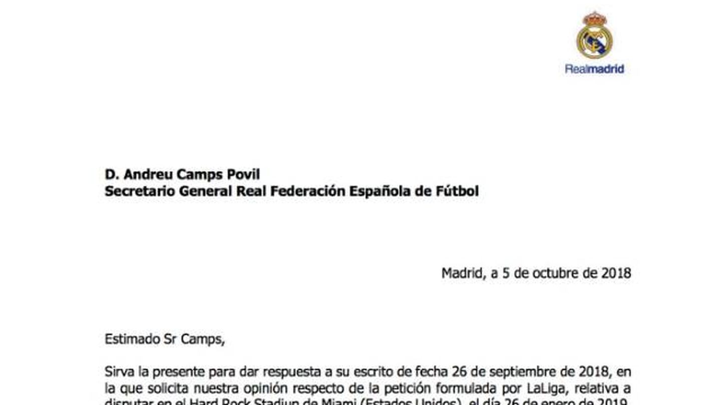 Esta es la carta del Real Madrid a la que tuvo acceso 'El Larguero'