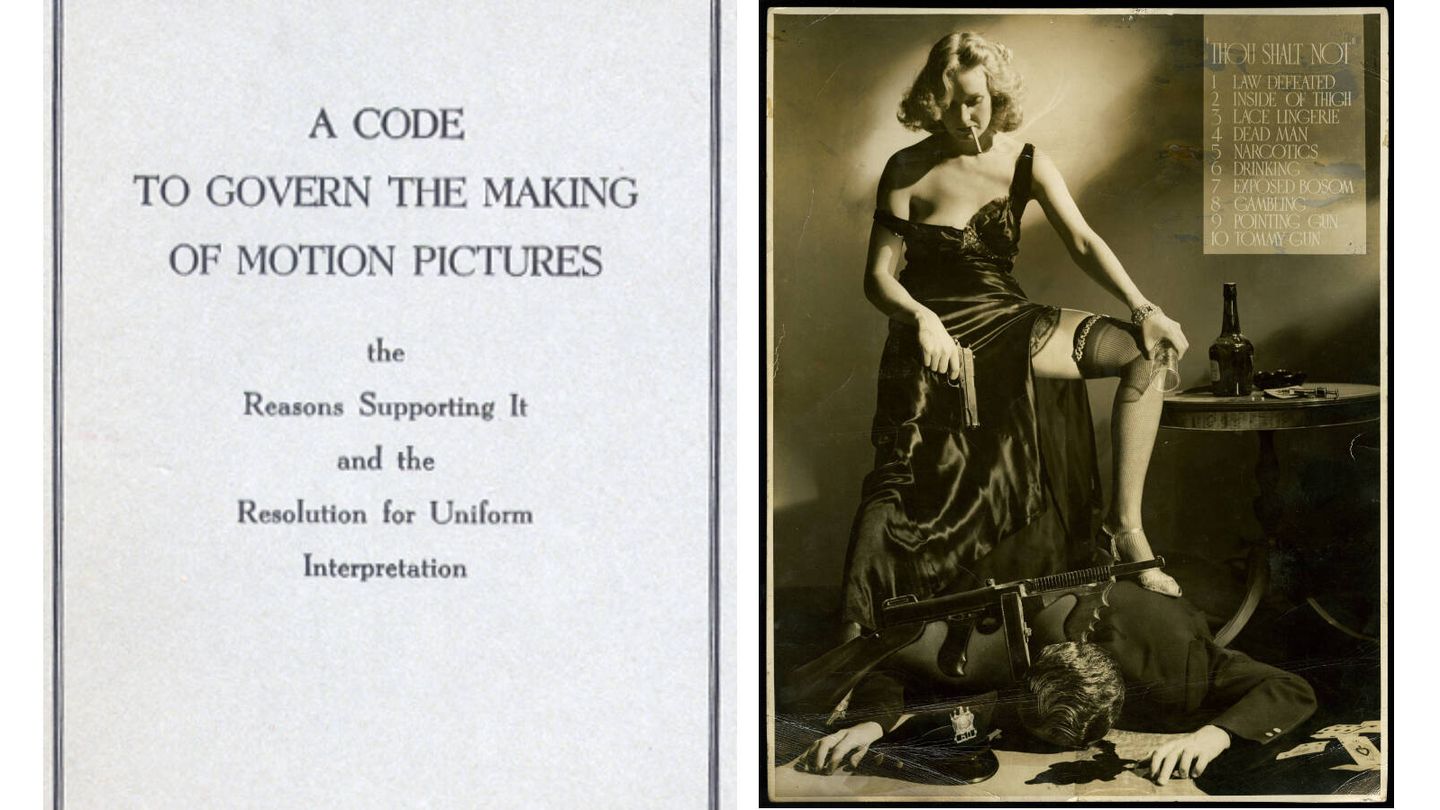 Portada de una copia en papel del Código Hays. / Una foto de 1940 de Whitey Schafer que subvierte deliberadamente las restricciones del Código. (Wikimedia)