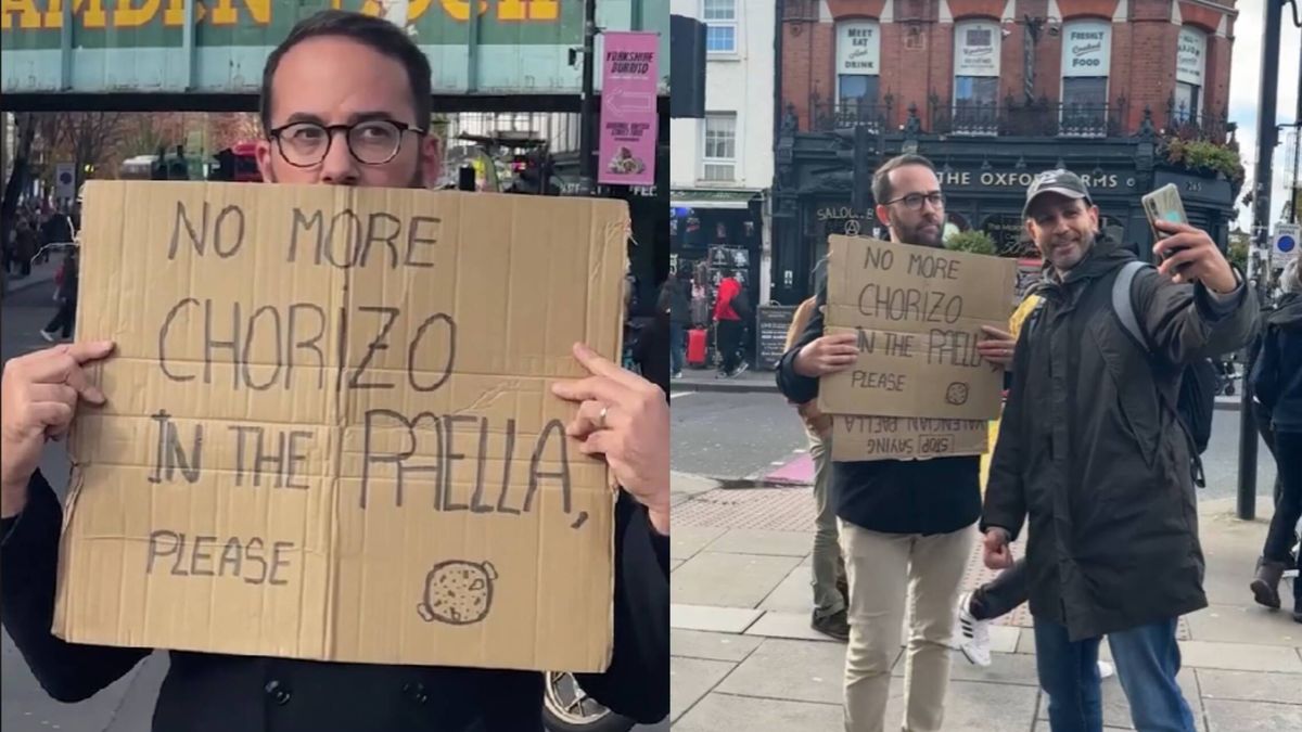 Así fue la protesta de un valenciano harto en Londres: "No más chorizo en la paella, please"