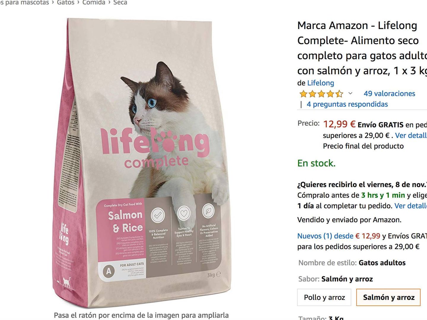 Comida seca para gatos de la marca de Amazon Lifelong, fabricada por la aragonesa Bynsa.