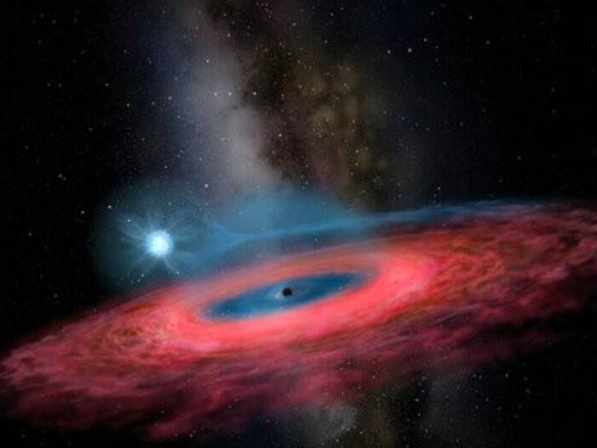 Foto: Acreción de gas en un agujero negro estelar desde su estrella compañera . Foto: Jingchuan YU, Planetario de Beijing