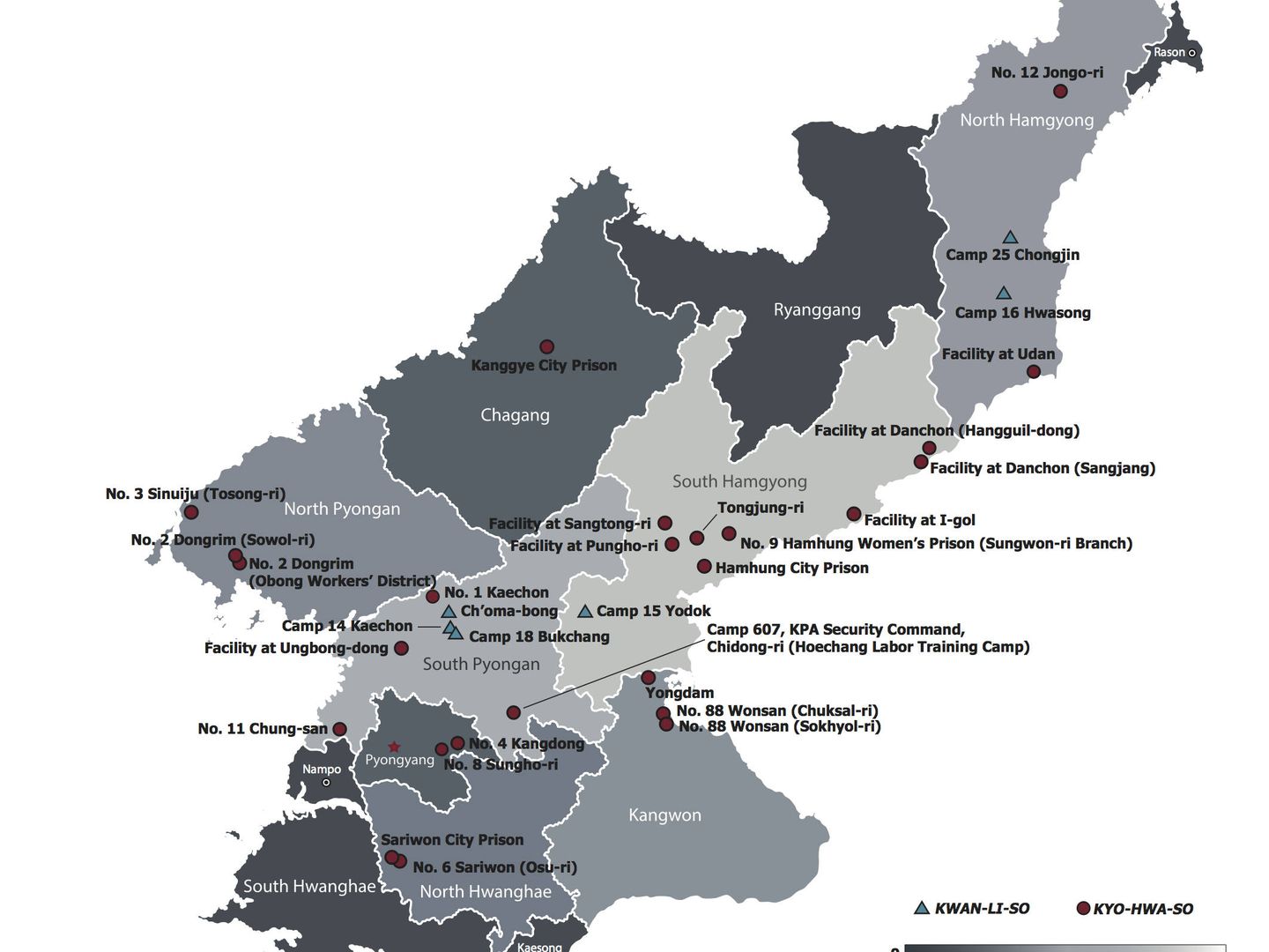 Mapa de la red de campos de internamiento en Corea del Norte
