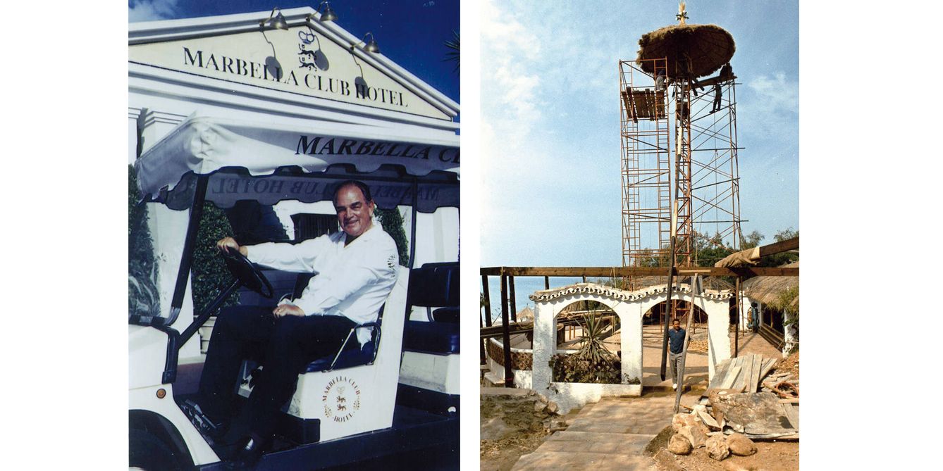 A la izquierda, el Conde Rudi a la entrada del Marbella Club. A la derecha, el príncipe Alfonso durante la construcción de la torre del ‘Beach Club’.