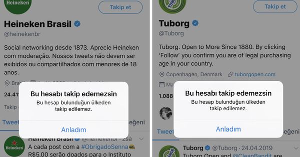Foto: Los mensajes que aparecen en Twitter cuando se intenta acceder desde Turquía a las cuentas de bebidas alcohólicas
