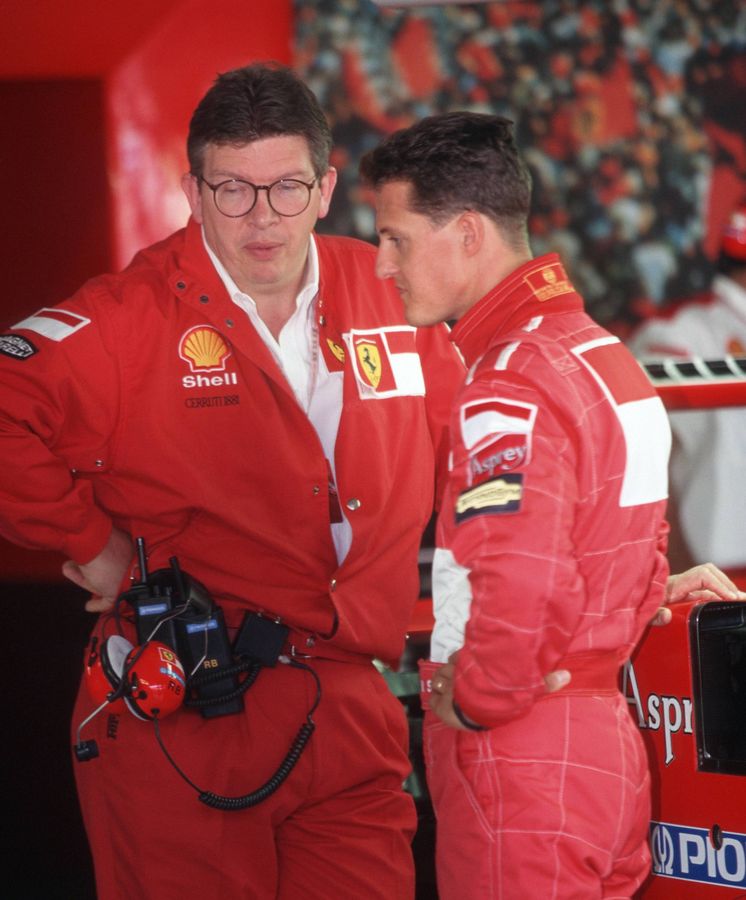 Foto: Ross Brawn y Michael Schumacher en 1997, primer año del ingeniero británico en la escudería (Imago)