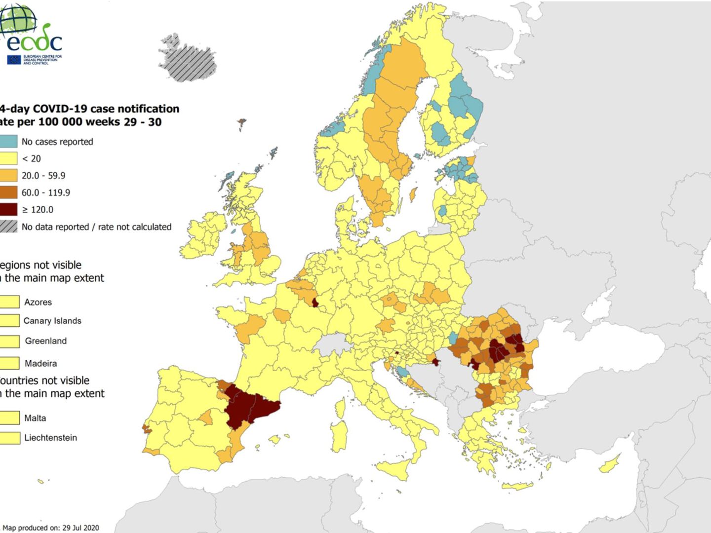 Mapa por regiones de los nuevos contagios de coronavirus, actualizado al 29 de junio. El ECDC no incluye los datos de Suiza. (ECDC)