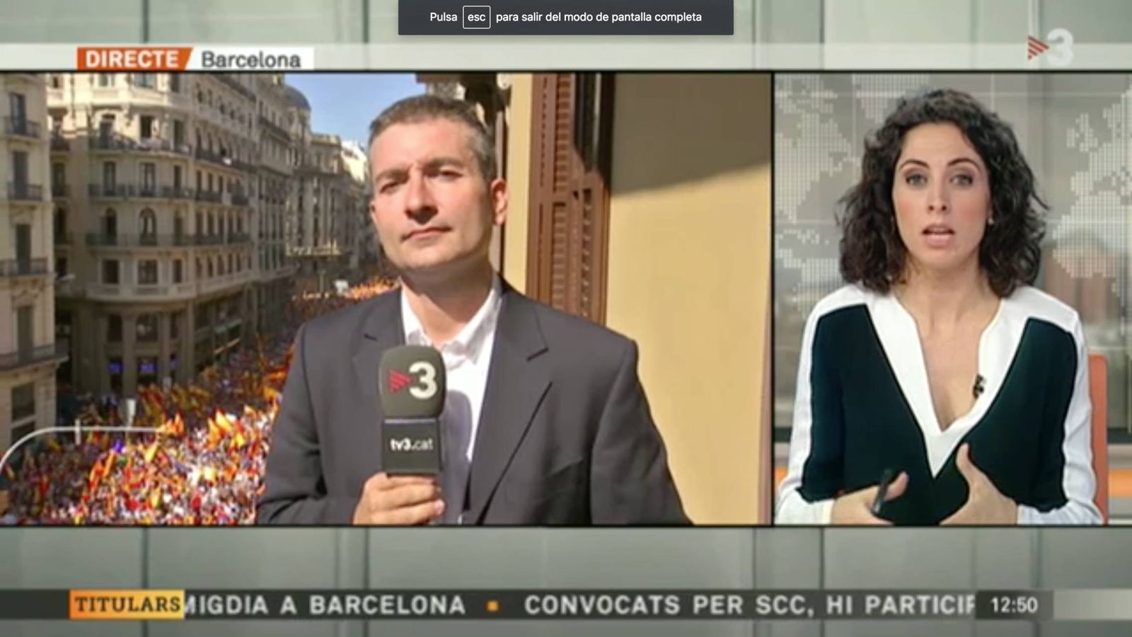 Foto: Conexión en directo de TV3 con la manifestación a favor de España. (TV3)