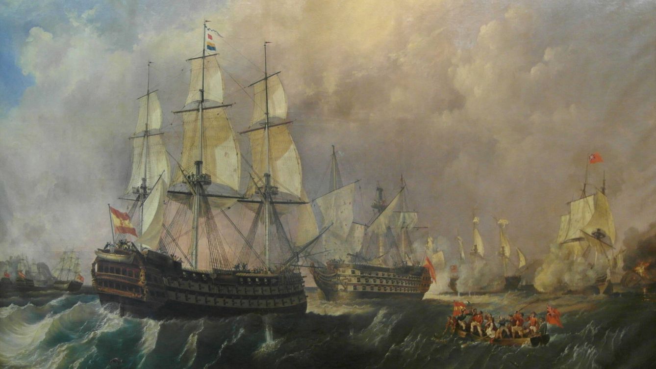 Foto: El navío español Pelayo acudiendo en auxilio del navío de cuatro puentes Santísima Trinidad durante la batalla del Cabo de San Vicente, que se libró el 14 de febrero de 1797