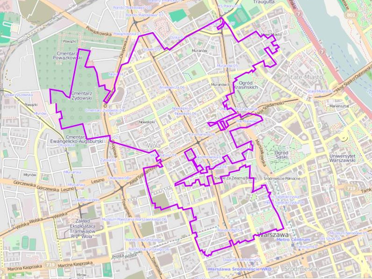 Área de Varsovia por la que se extendía el gueto. (Open Street Map Data)