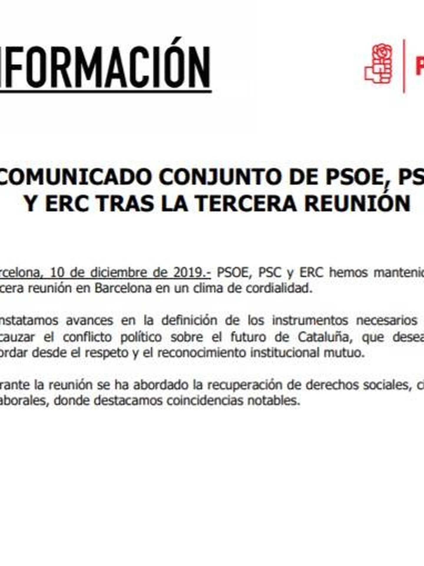 Consulte aquí en PDF el comunicado conjunto de PSOE-PSC y ERC tras su tercera reunión oficial. 