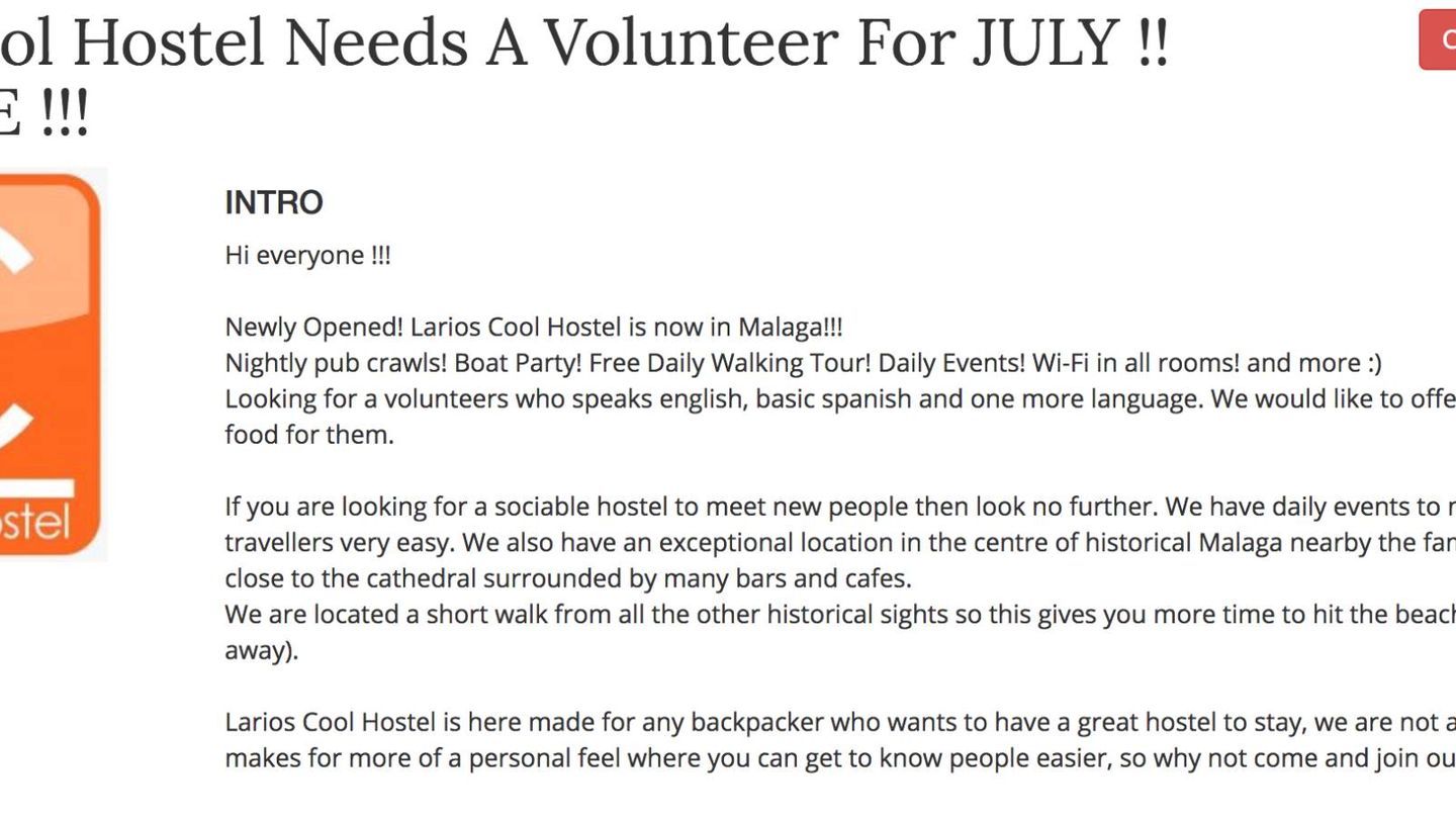 Una de las docenas de ofertas de voluntariado, en este caso de un hostal en Málaga. (Hosteljobs.net)
