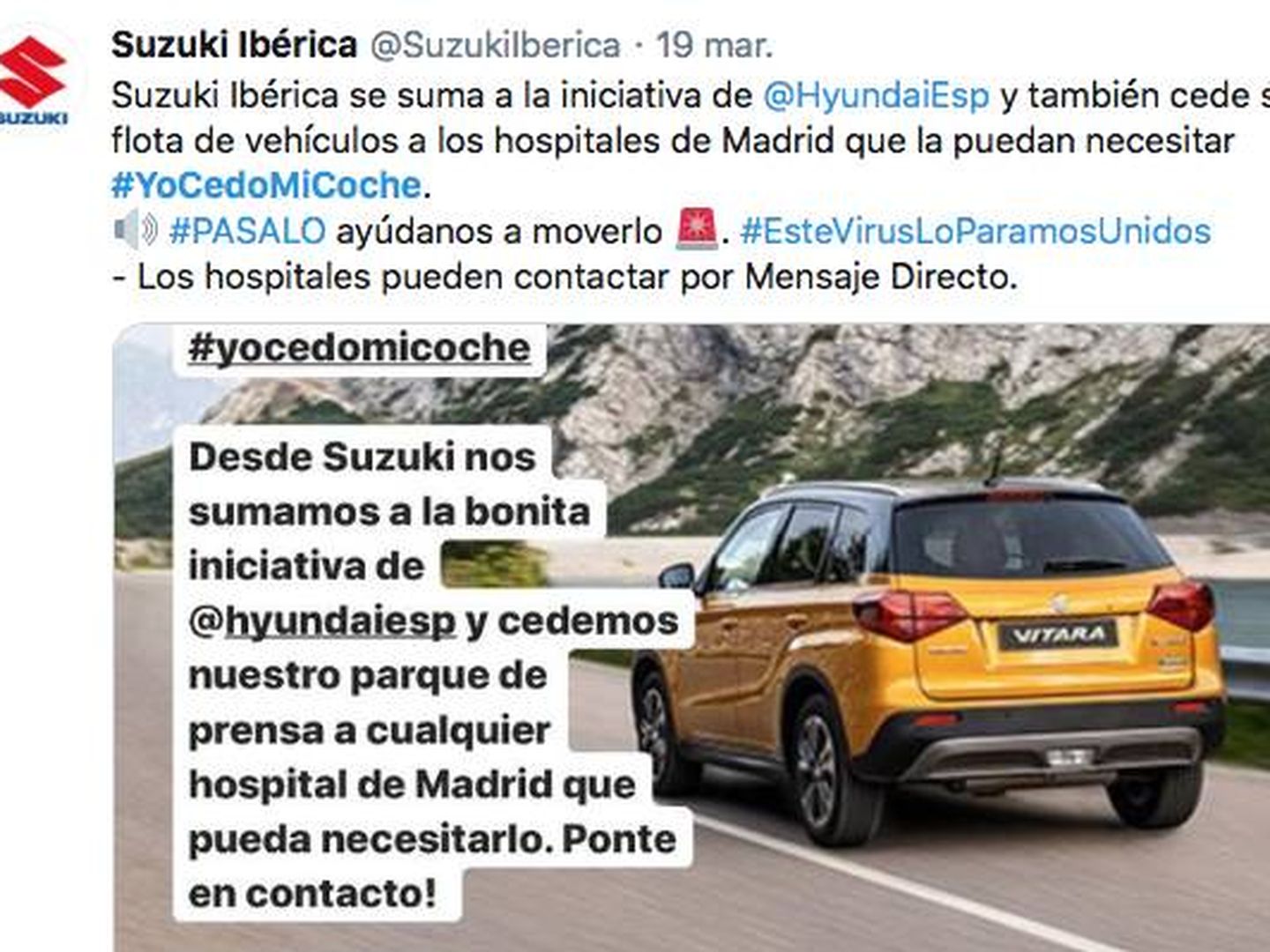 Mensaje de apoyo de Suzuki a la campaña #YoCedoMiCoche.