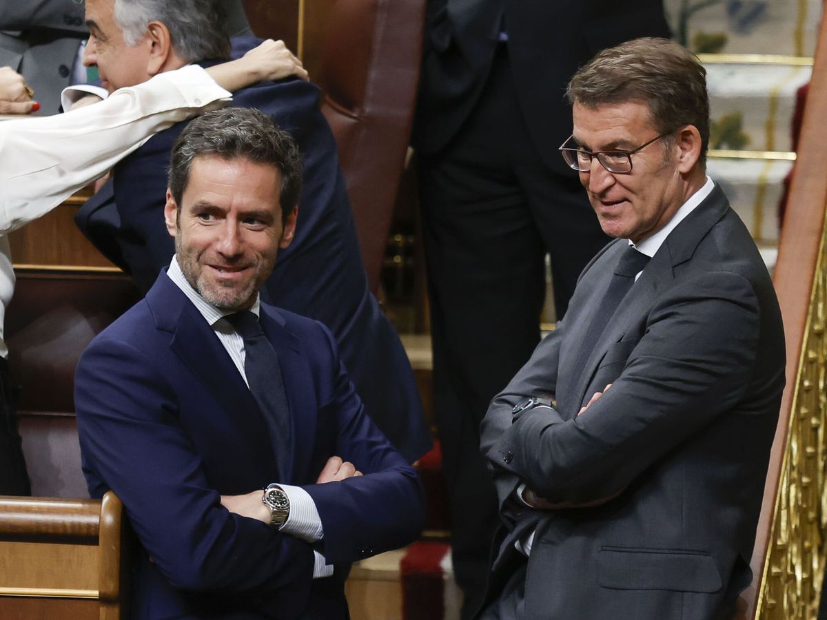 Foto: El líder del PP, Alberto Núñez Feijóo, junto al diputado del PP Borja Sémper, en el Congreso. (EFE/Javier Lizón)