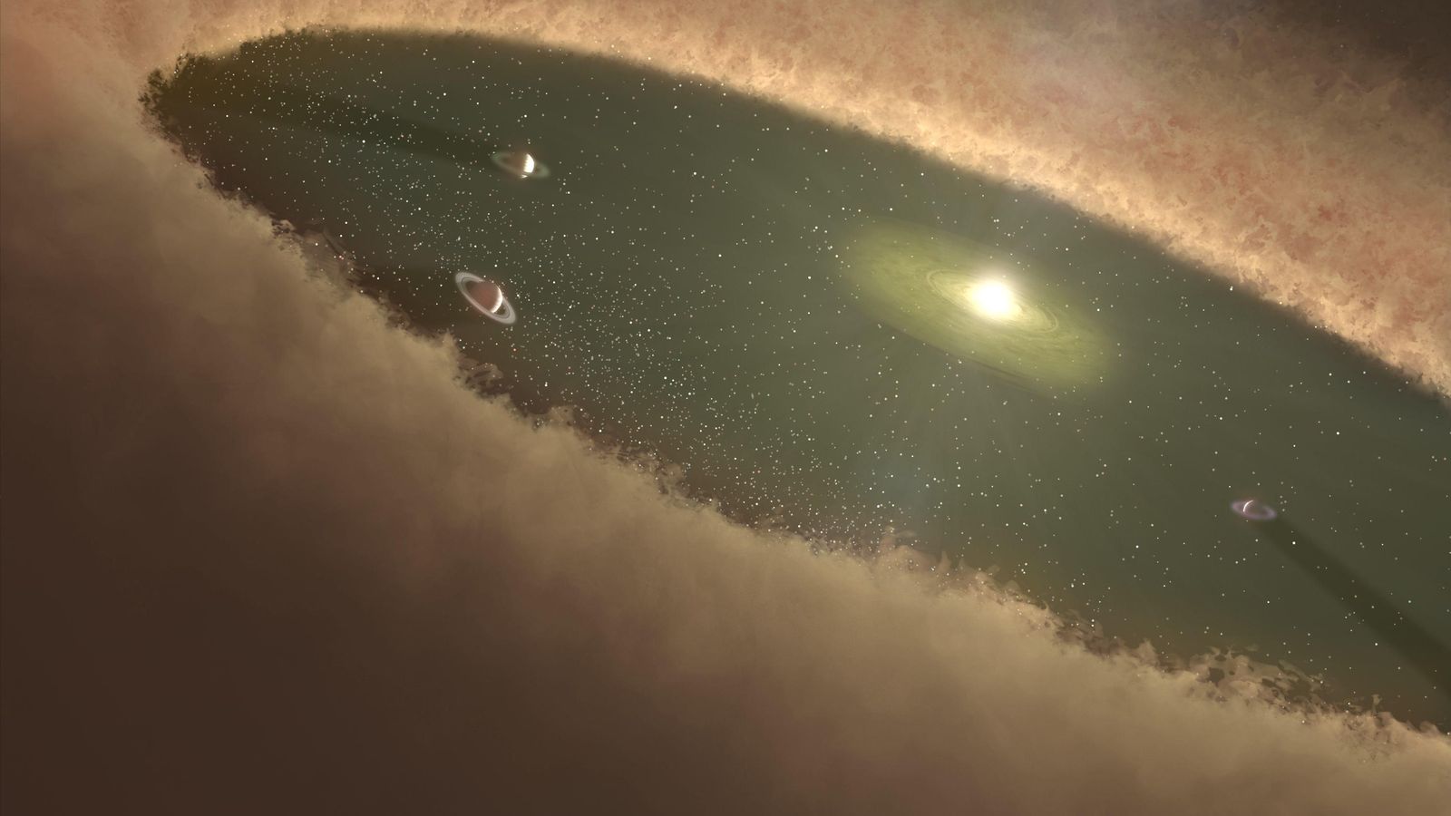 Foto: Ilustración de cómo se forman los planetas tipo LkCa15. Los planetas del disco van acumulando el polvo y otros materiales que de otra forma habrían 'caído' en la estrella (NASA/JPL-Caltech)